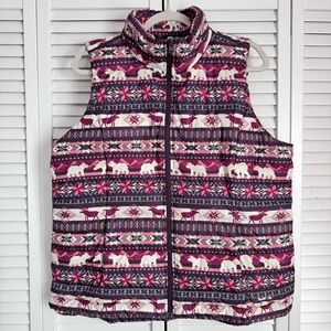 Lands’ End Fair Isle Down Puffer Vest Purple Novelty Moose Bear Purple Large